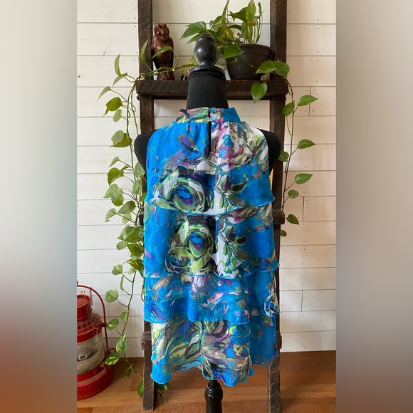 NY Collection: Blue Tiered Ruffle Top with Mock Collar - Picture 10 of 16